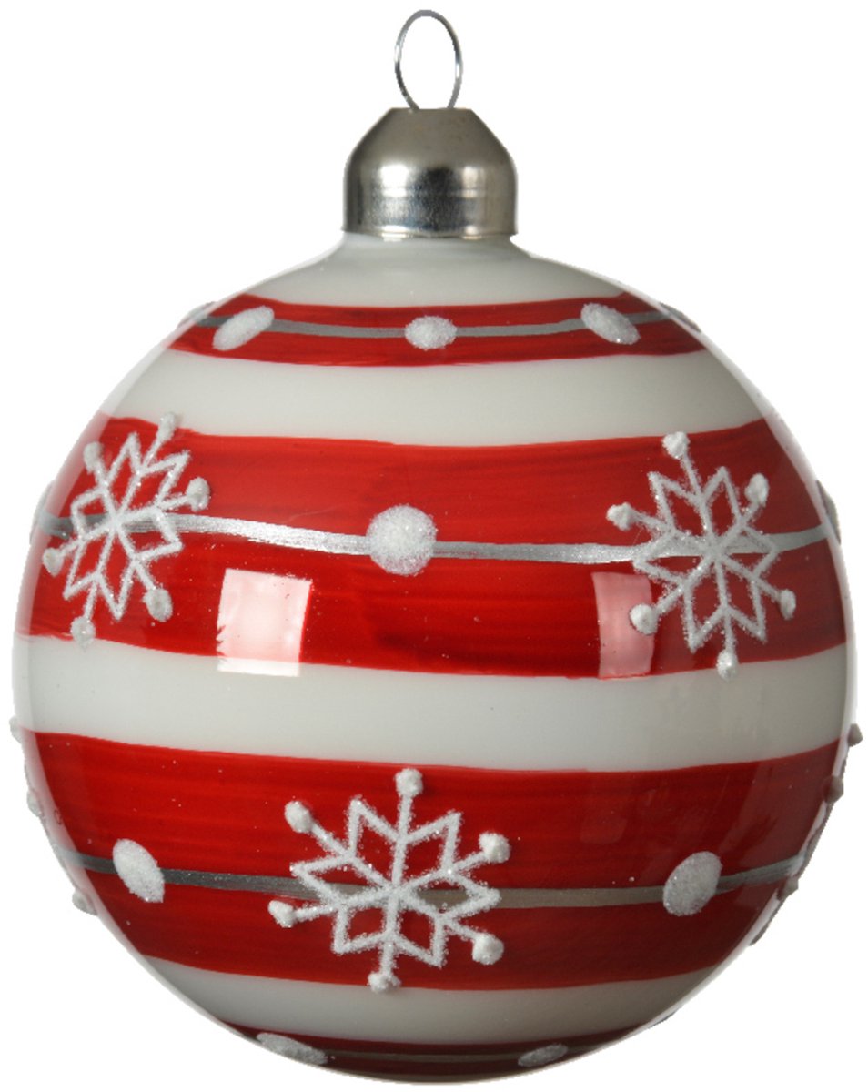 KAEMING B.V. - 3 rode en witte gestreepte glazen kerstballen met sneeuwvlokken 8 cm voor de kerstboom