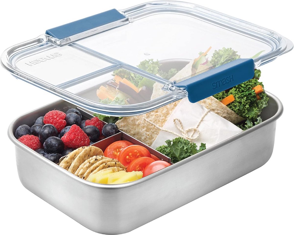 RVS Bento Lunchbox 3 vakken 1300ml - Blauw
