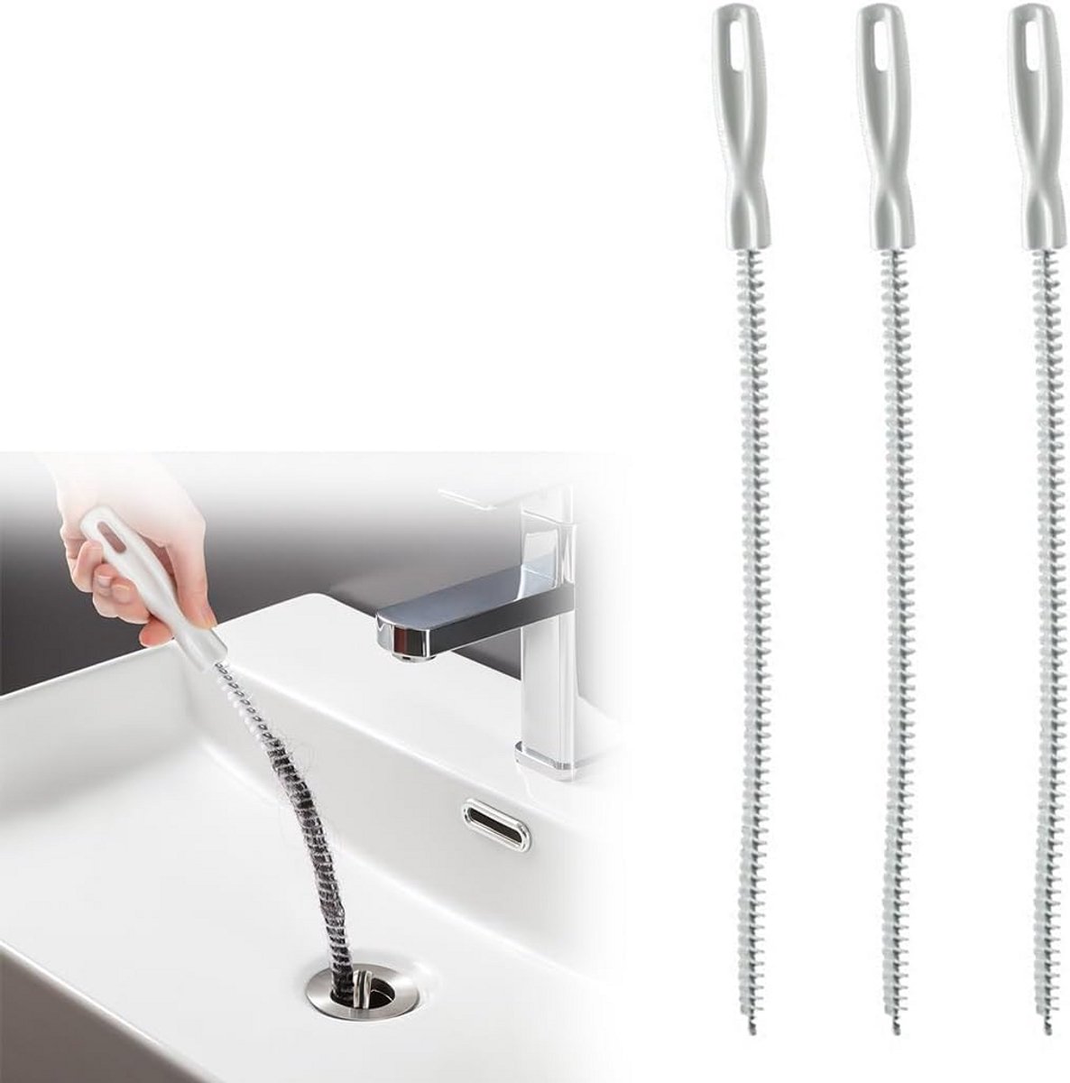 Afvoerreinigingsborstel 45 cm - 3 stuks - Voor keuken en badkamer - Wit