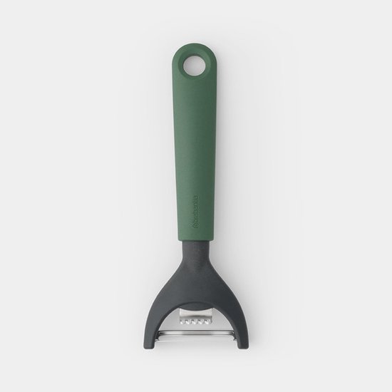 Groene dunschiller met donkergrijs lemmet en ophangoog. Het lemmet is een Y-vorm met zesteur.