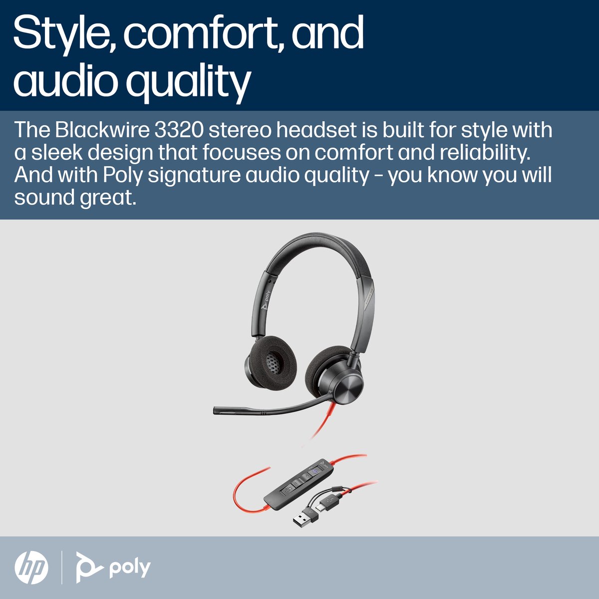 POLY Blackwire 3320 Stereo Microsoft Teams Certified USB-C Headset + USB-C/A adapter Koptelefoon Zwart
