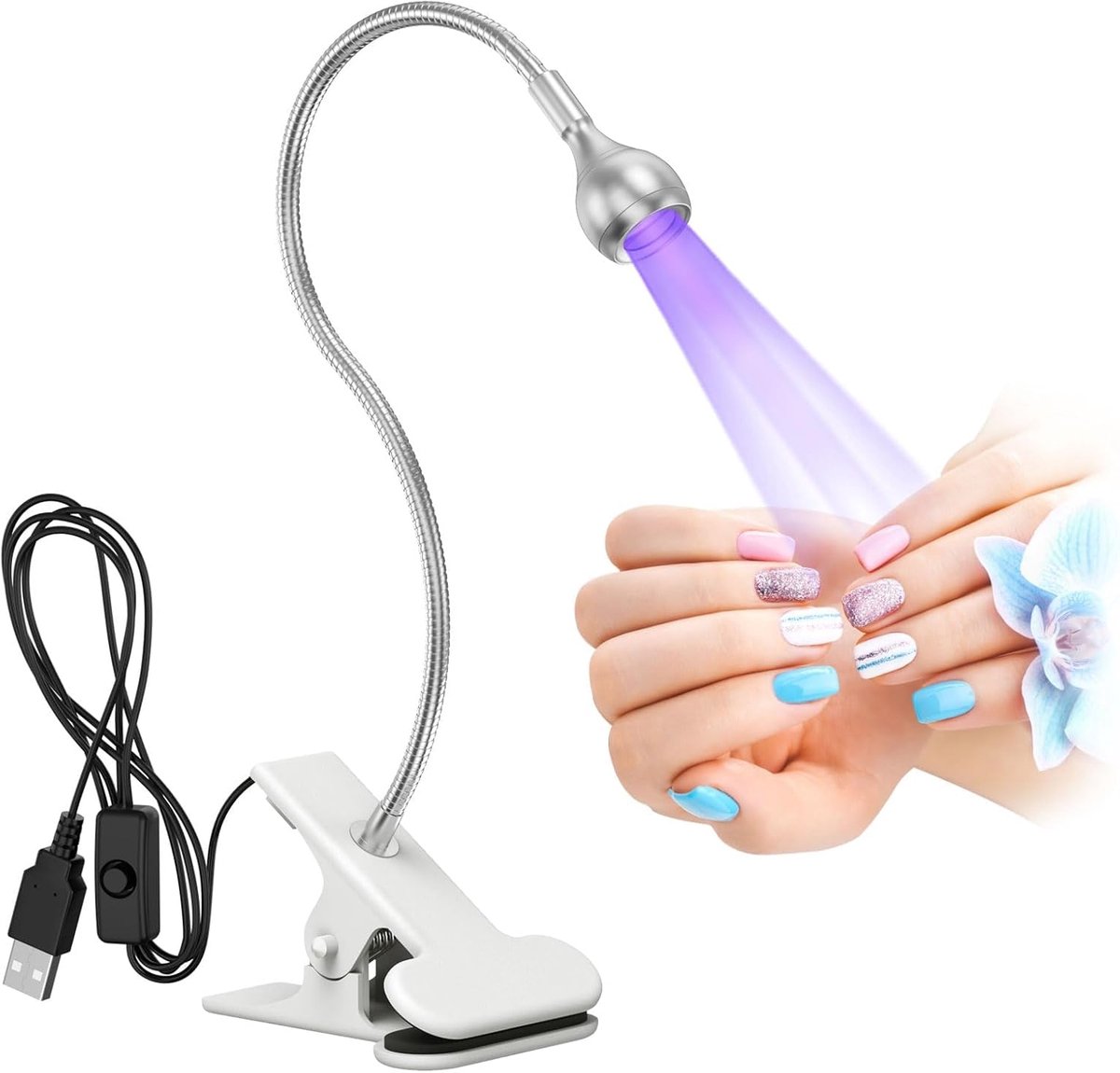 UV-lijmlamp, nageldroger LED-nagellamp, 3W USB-lijmlamp met clip en schakelaar (zilver)