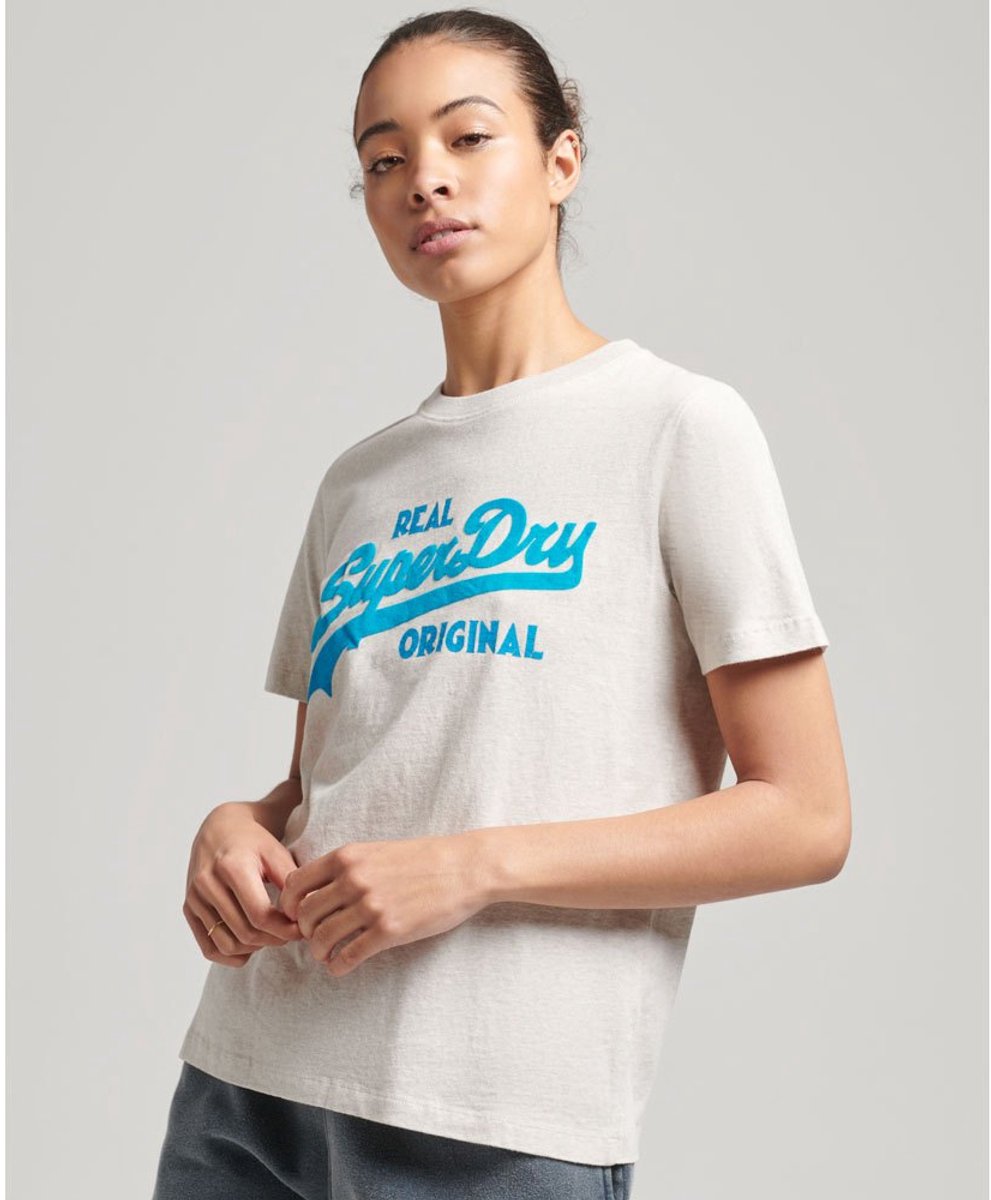 Superdry Vintage Logo T-shirt van biologisch katoen met kraag en tekst Dames T-shirts Oatmeal Marle