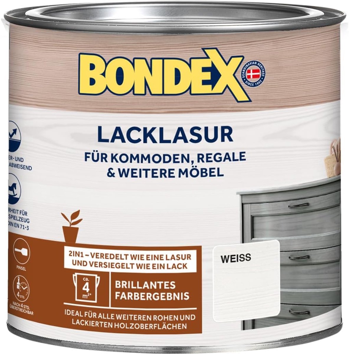 Bondex Witte Lakbeits 0,375 L voor 3,75 m² | 2-in-1 - verfijnt en verzegelt | Water- en vuilafstotend | Veiligheid voor kinderspeelgoed volgens DIN EN 71-3 | Zijdeglans | Houtbeits