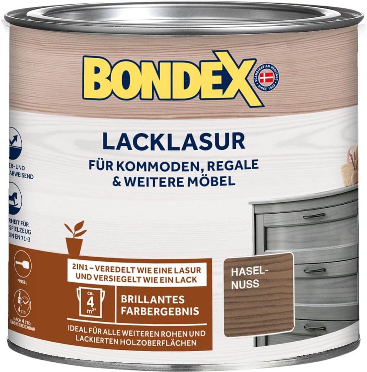 Bondex Hazelnoot Lakbeits 0,375 L voor 3,75 m² | 2-in-1 - verfijnd en verzegeld | Water- en vuilafstotend | Veiligheid voor kinderspeelgoed volgens DIN EN 71-3 | Zijdeglans | Houtbeits