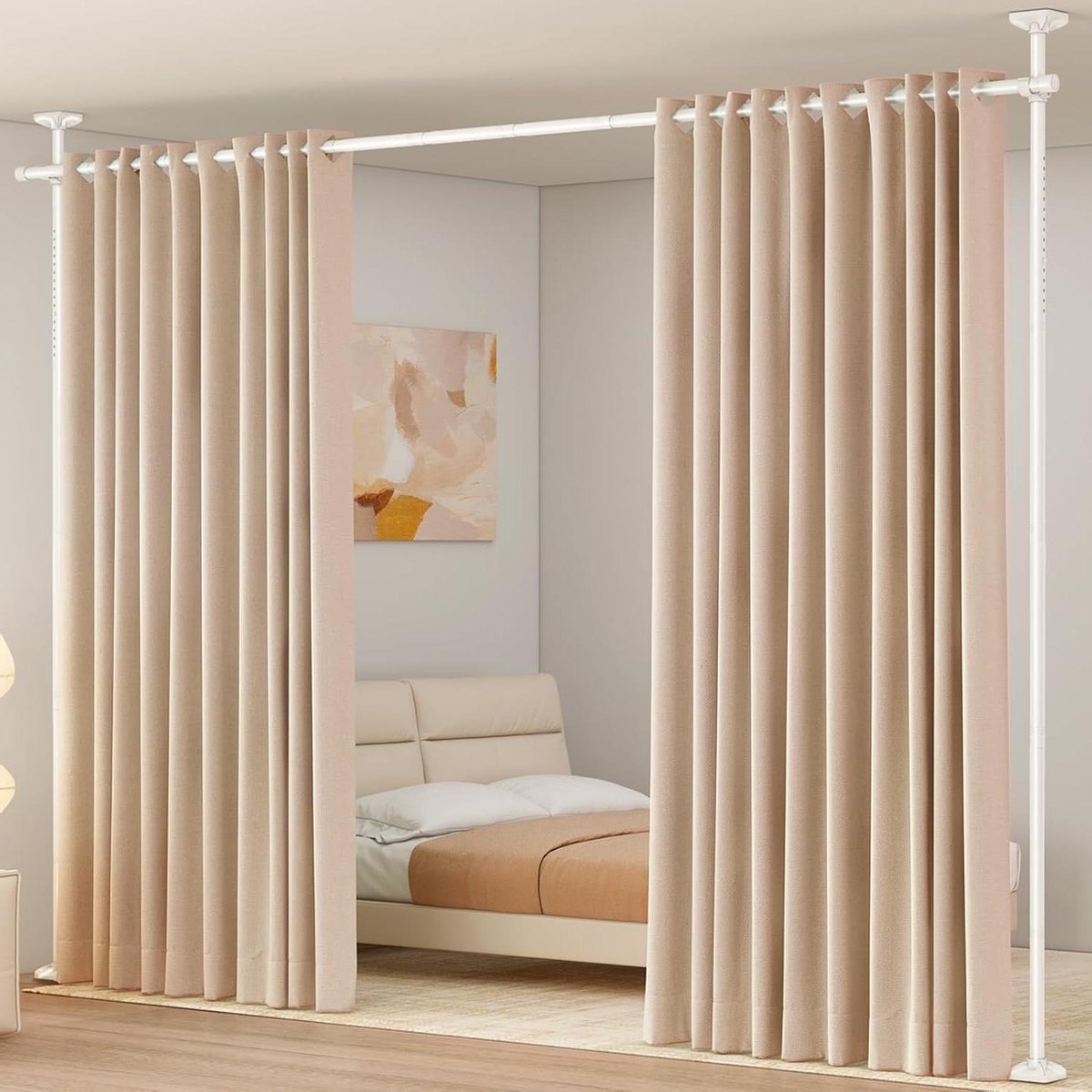 Allecto plus - Roomverdeler gordijnroeden voor grote ruimtes, stand-alone vloerstaande gordijnstang, wit, verticale spanning 227-312 cm (H) 71-178 cm (B)