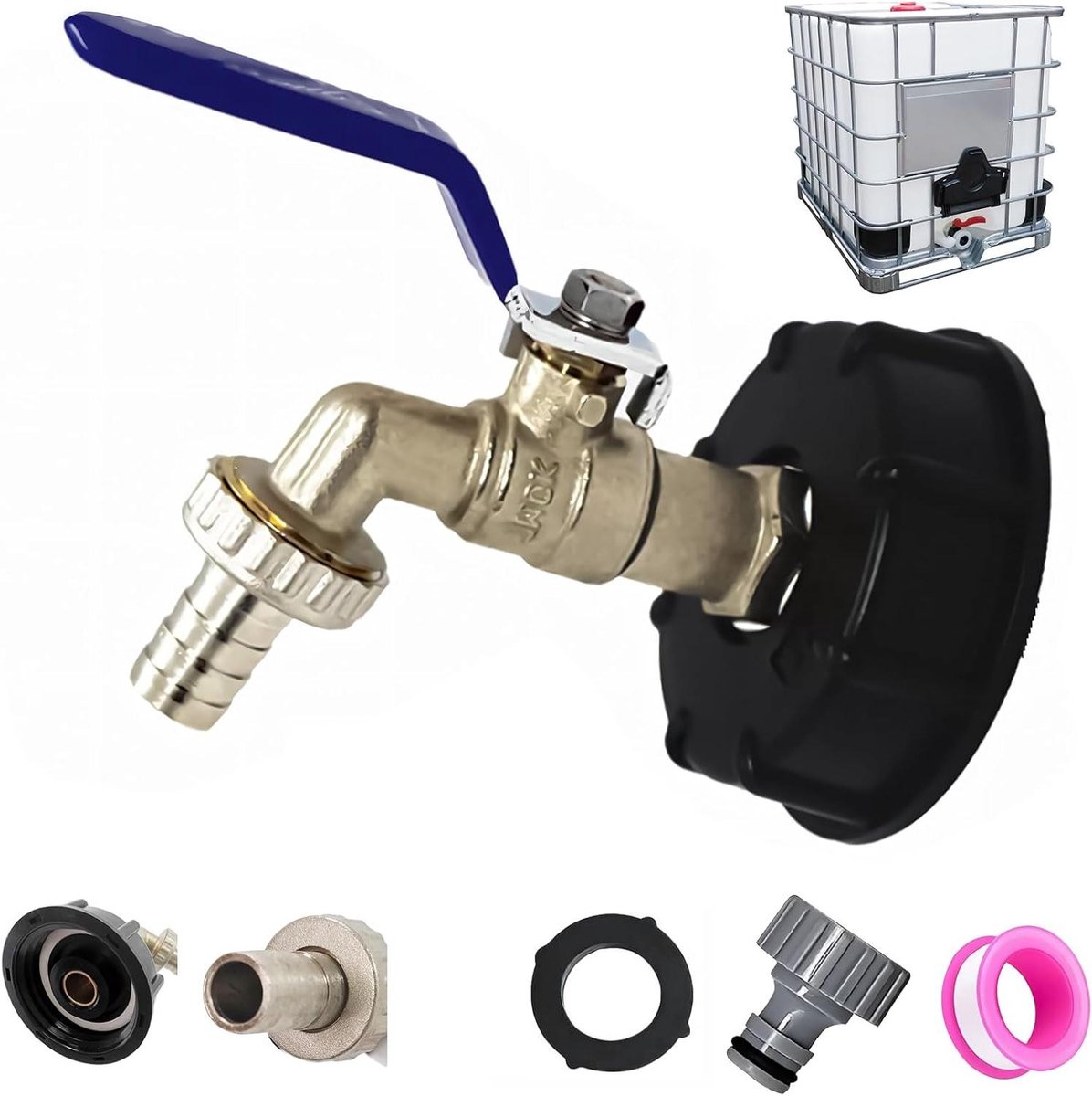Allecto plus - Kraan tank 1000 liter met 3/4 inch S60X6 aansluiting en geïntegreerde verlenging • Tankaansluiting 1000L met zwanenhals • IBC tankadapter en 3/4 inch tankadapter.