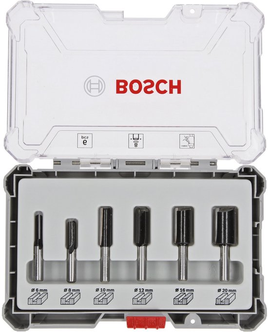 Bosch rechte freesset, 6 stuks, schacht 8 mm, in transparante koffer.
