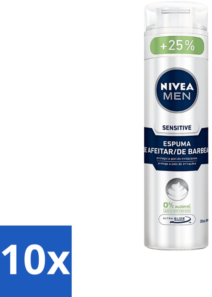 10 x Nivea - Men - Sensitive Shaving Foam - Beschermt Tegen Irritaties - 250 ml - Scheerschuim Voor Gevoelige Huid - Gevoelige Huid - Scheerbeurt - Irritaties - Aloe Vera