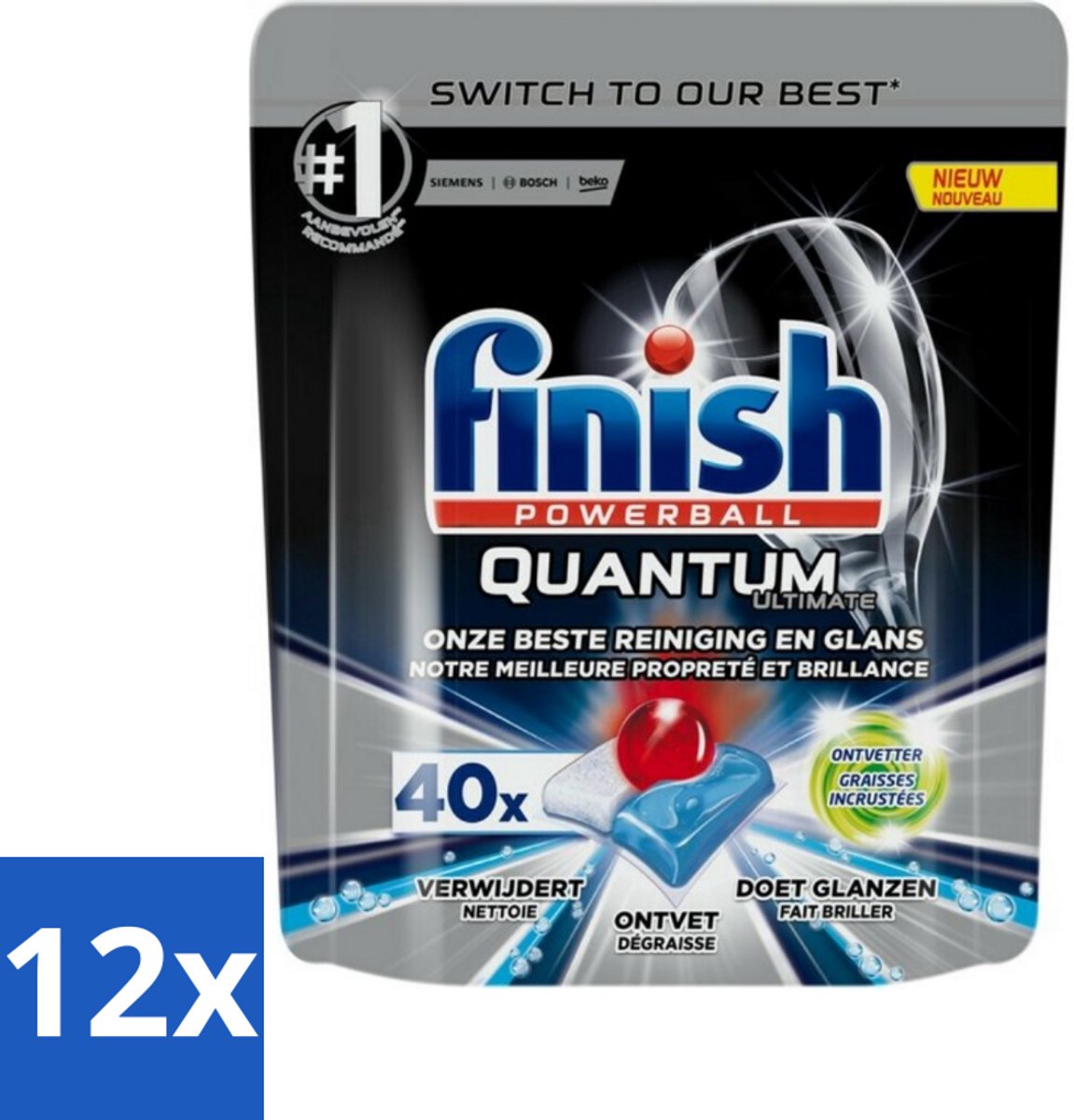12 x Finish – Vaatwastabletten – Quantum Ultimate Ontvetter – 40 Capsules - Vaatwastabletten - Vaatwassertabletten - Ontvetter - Glans - Reiniging