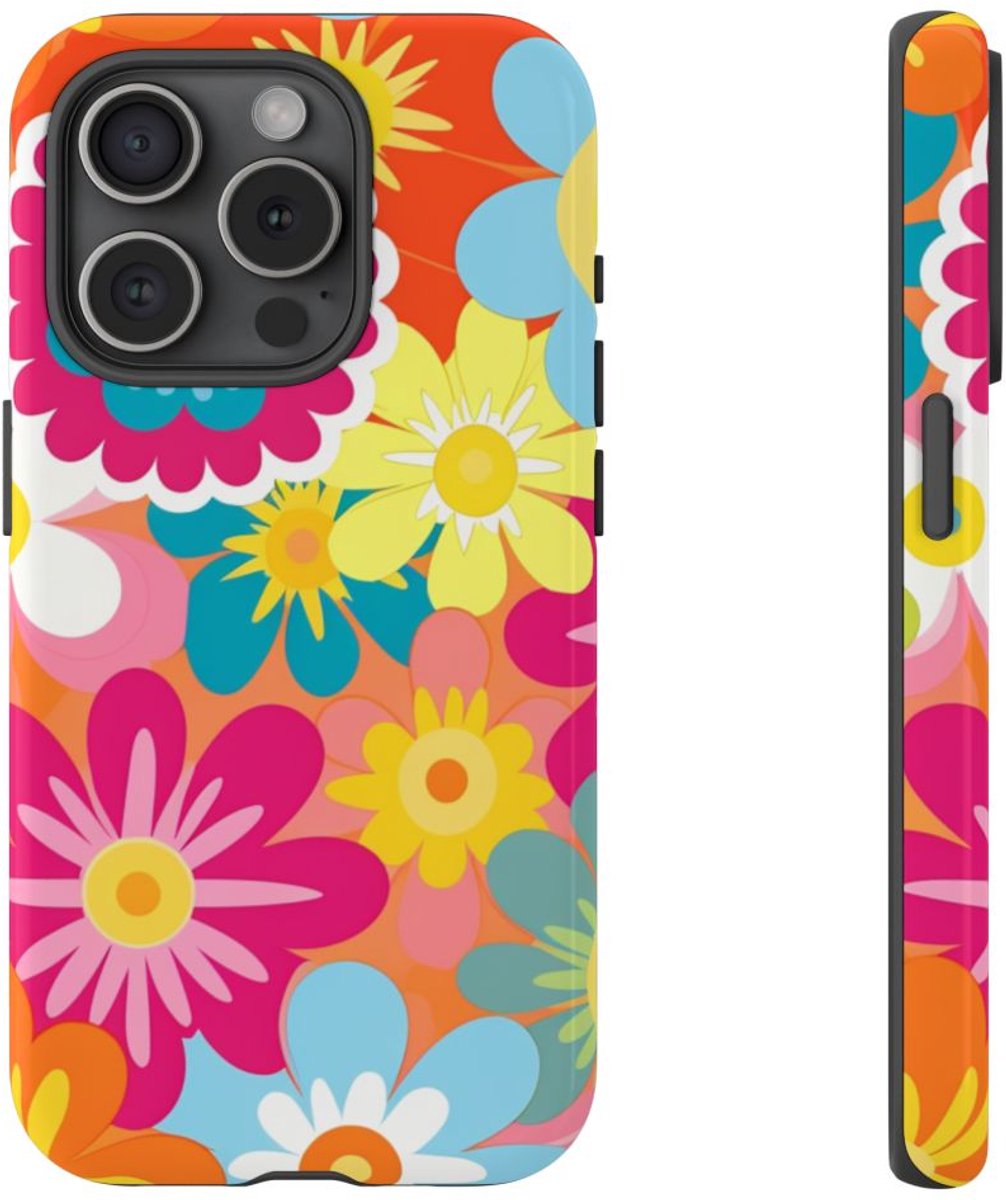 Kleurrijk Retro Bloemenpatroon – Telefoonhoesje Geschikt voor iPhone 15 Pro