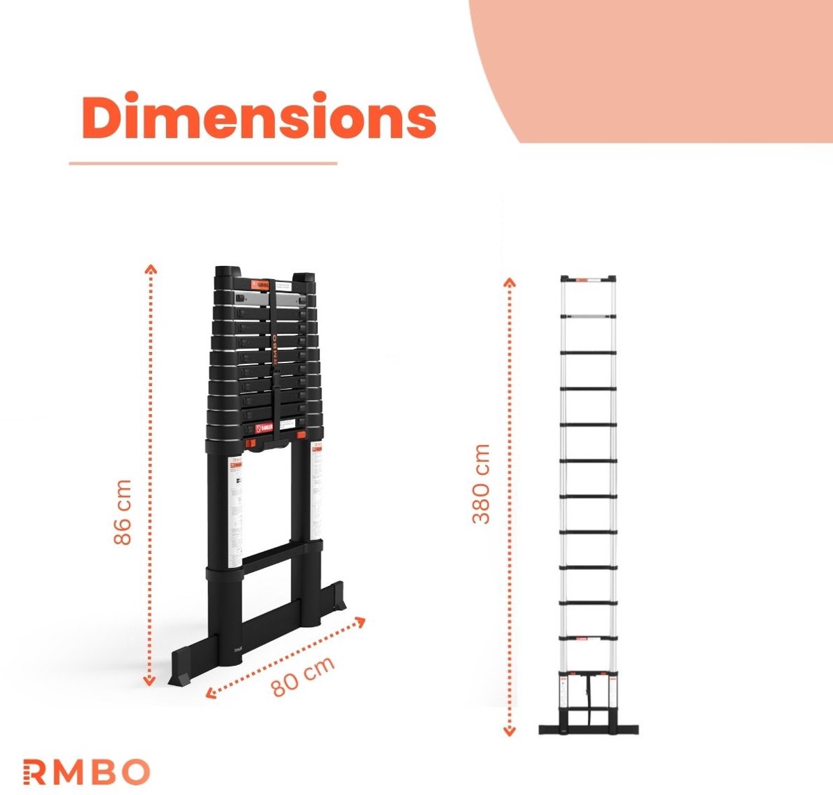 RMBO Telescopische Ladder - Telescoopladder - 3.80m lang, Compact en Draagbaar met Soft Closing Systeem, Geschikt voor Particulier en Professioneel Gebruik, Telescopische Vouwladder, Max. Belasting 150 kg, EN 131.6 – foto 7