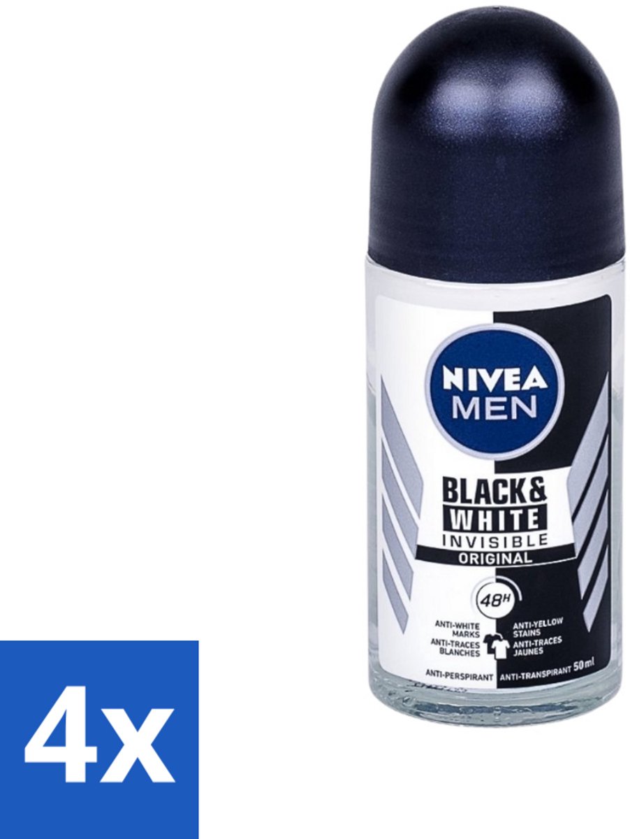 4 x Nivea - Men - Deodorant - Invisible for Black & White Power - Rollerdeodorant - 50 ml - Anti-transpirant - Deodorant Roller - Witte Strepen - Gele Vlekken - Kledingbescherming