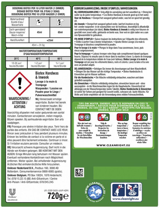 4 x Biotex Handwas & Inweek Poeder 720 gr - Handwas - Inweek Waspoeder - Biologisch Wasmiddel - Enzymen - Vuil Verwijderen