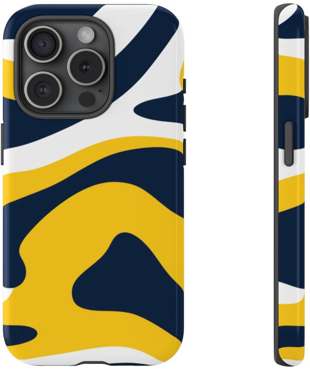 Abstract Donkerblauw en Felgeel Patroon – Telefoonhoesje Geschikt voor iPhone 15 Pro