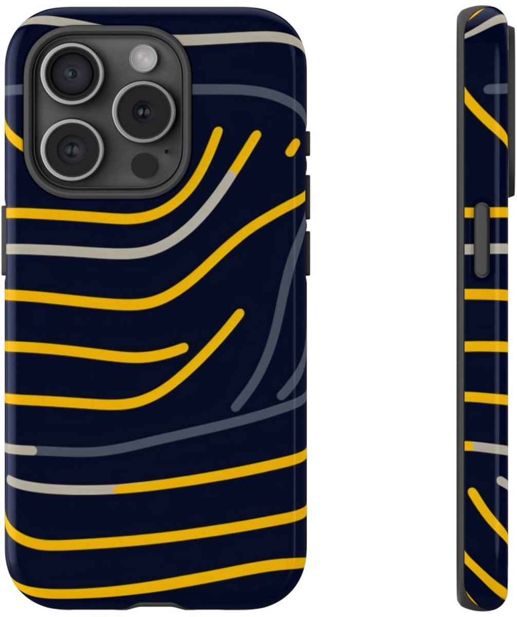 Abstracte Donkerblauwe en Gele Lijnen – Telefoonhoesje Geschikt voor iPhone 15 Pro