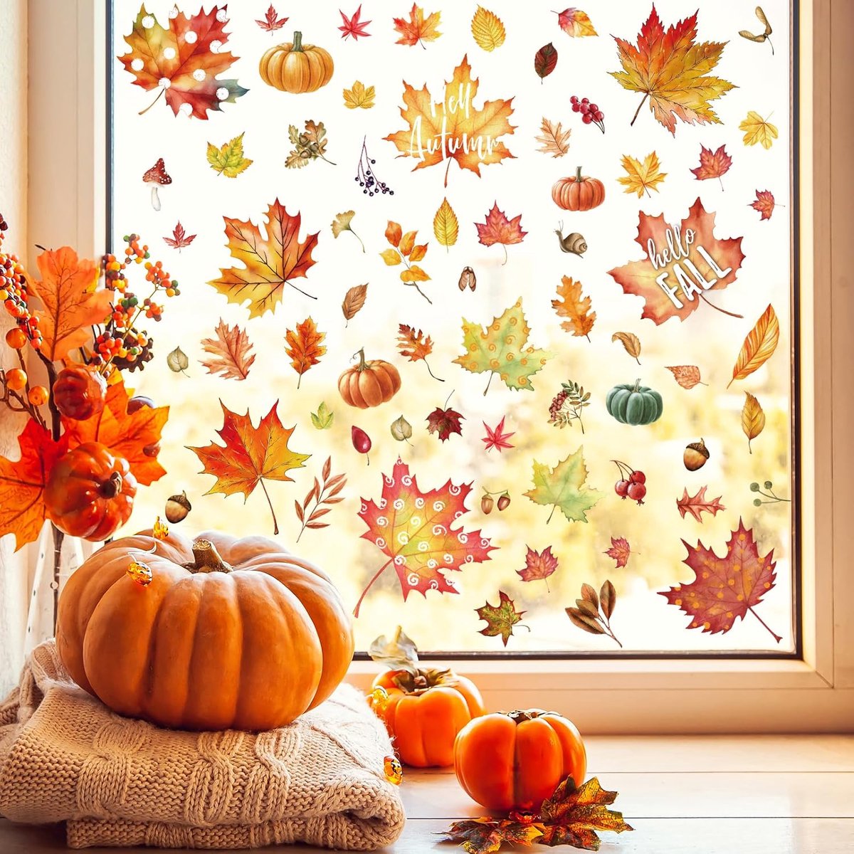Herfst raamstickers, aquarel esdoornbladeren, herbruikbare PVC statische raamstickers voor Thanksgiving, Halloween, seizoensgebonden woonaccessoires voor Thanksgiving, herfst, decoratie, raamstickers - Cyslmuk®