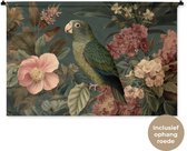 Wandkleed 120x80 cm - Wanddoek Groene papegaai - Kleurrijke bloemen - Donkere achtergrond - Wandtapijt - Wandkleden