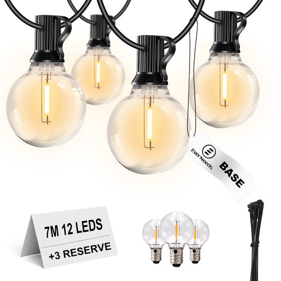 EverNeeds G40 BASE Lichtsnoer voor Buiten - 7 Meter- 12 LED - IP44 - Lichtslinger - Sfeerverlichting Buiten en Binnen - Tuinverlichting - Lampjes Slinger - 2700K - 3 Extra Leds