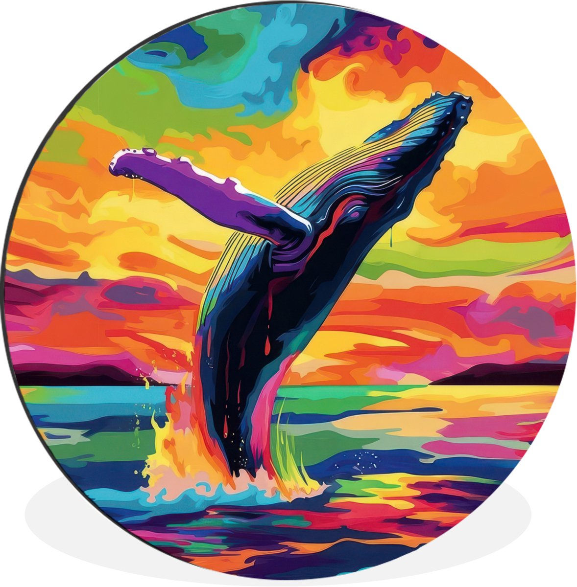 WallCircle Wandcirkel - Muurcirkel - Zonsondergang - Walvis - Geschilderd - Kleurrijk - Aluminium - Dibond - 90x90 cm - Binnen en Buiten Walvis - Kleurrijk