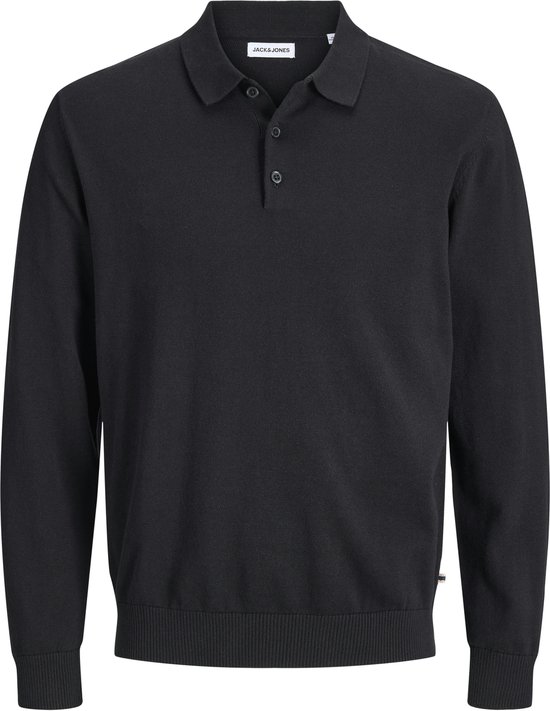Polo noir à manches longues en tricot avec fermeture boutonnée.