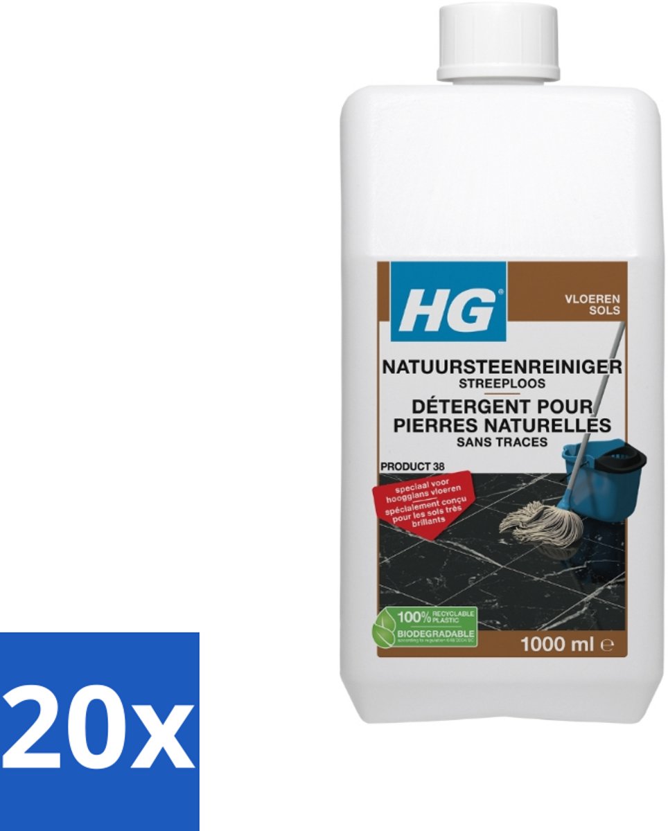 20 x HG Natuursteenreiniger Streeploos 1 liter - Natuursteen Reinigen - Hoogglans Vloeren Reinigen - Streeploze Reiniger - Natuursteen Vloer Reinigen - Marmer Reinigen