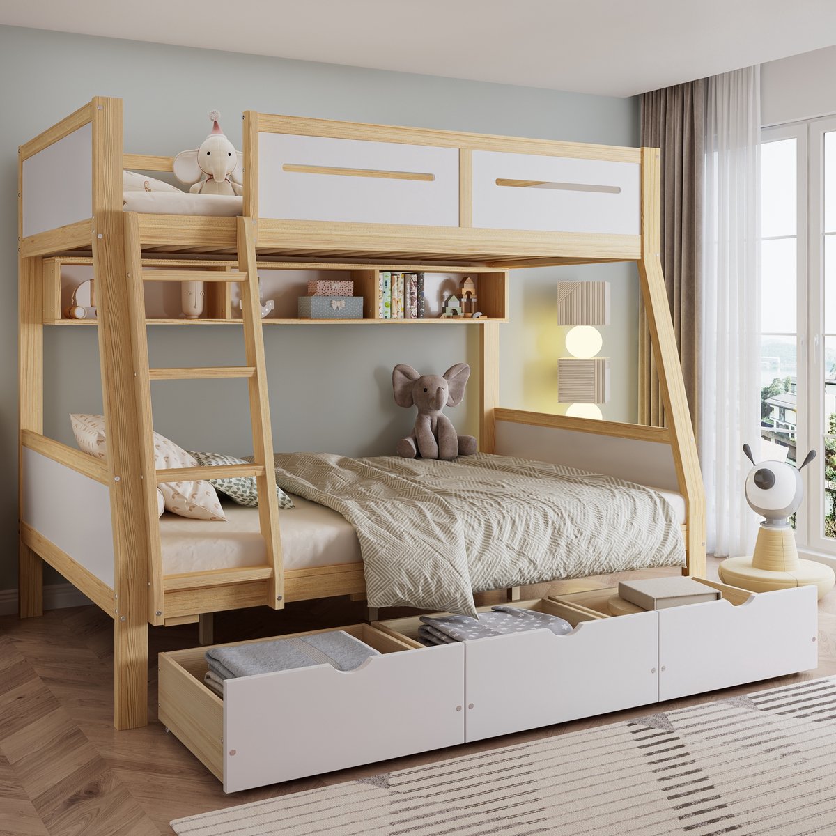 Sweiko Stapelbed - 90x200/120x200 cm - 3 lades - Boekenplank - Grenenhout + MDF - Wit + Natuurlijke