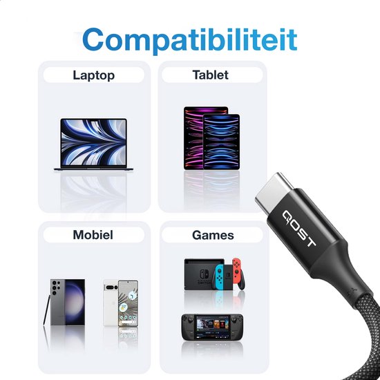 Een USB-C kabel met 'QOST' op de connector, getoond bij compatibele apparaten.