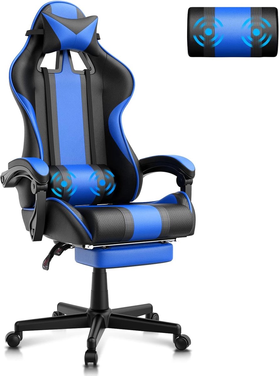 Soontrans - Gamingstoel - Voetsteun - Ergonomische Gamingstoel - Hoofdsteun - Bureaustoel - PC-Stoel Gamer Racing - Lendenkussen - Computerstoel Leer - Blauw