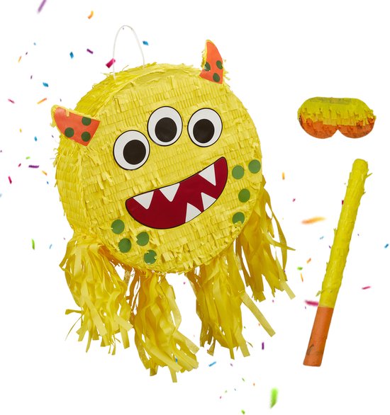 Relaxdays 3-delige Pinata Set - Verjaardag - Getallen Pinata - Cijfer 3 Stok Blinddoek