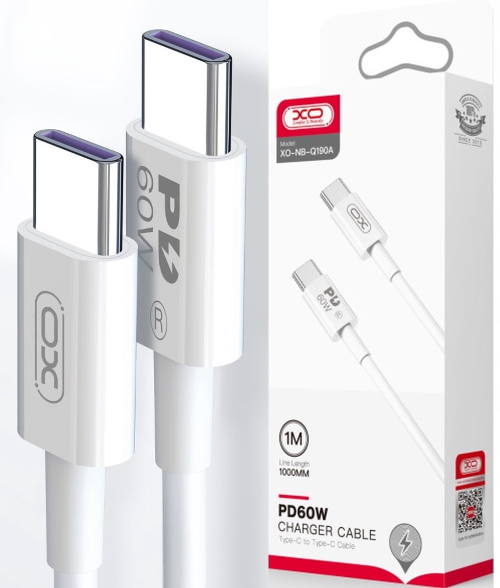 USB-C Kabel 1m PD 60W Snel Laadkabel Type C naar Type C Wit