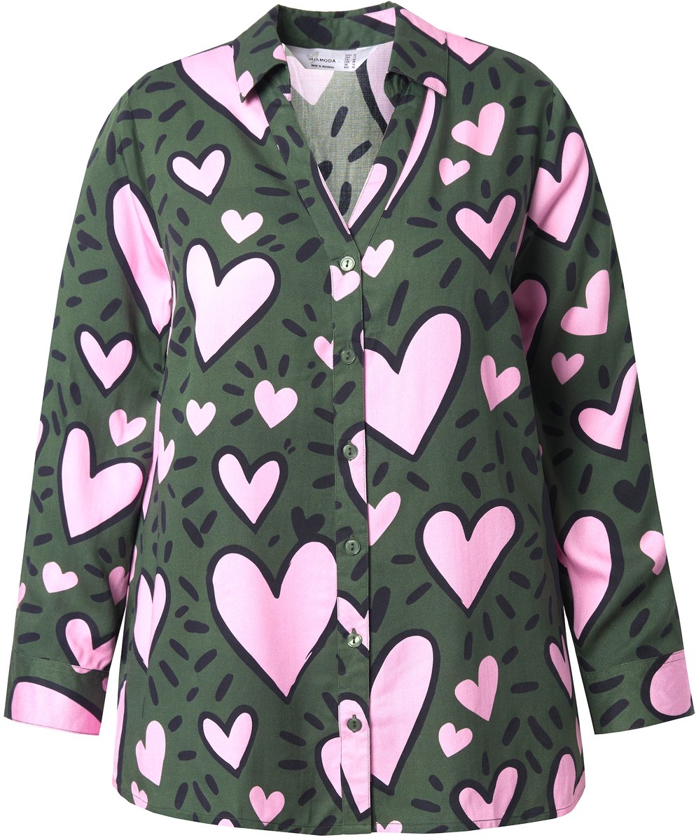 MIAMODA - Dames - Blouse comfort fit hartmotief lange mouw - Donkergroen - Maat 48