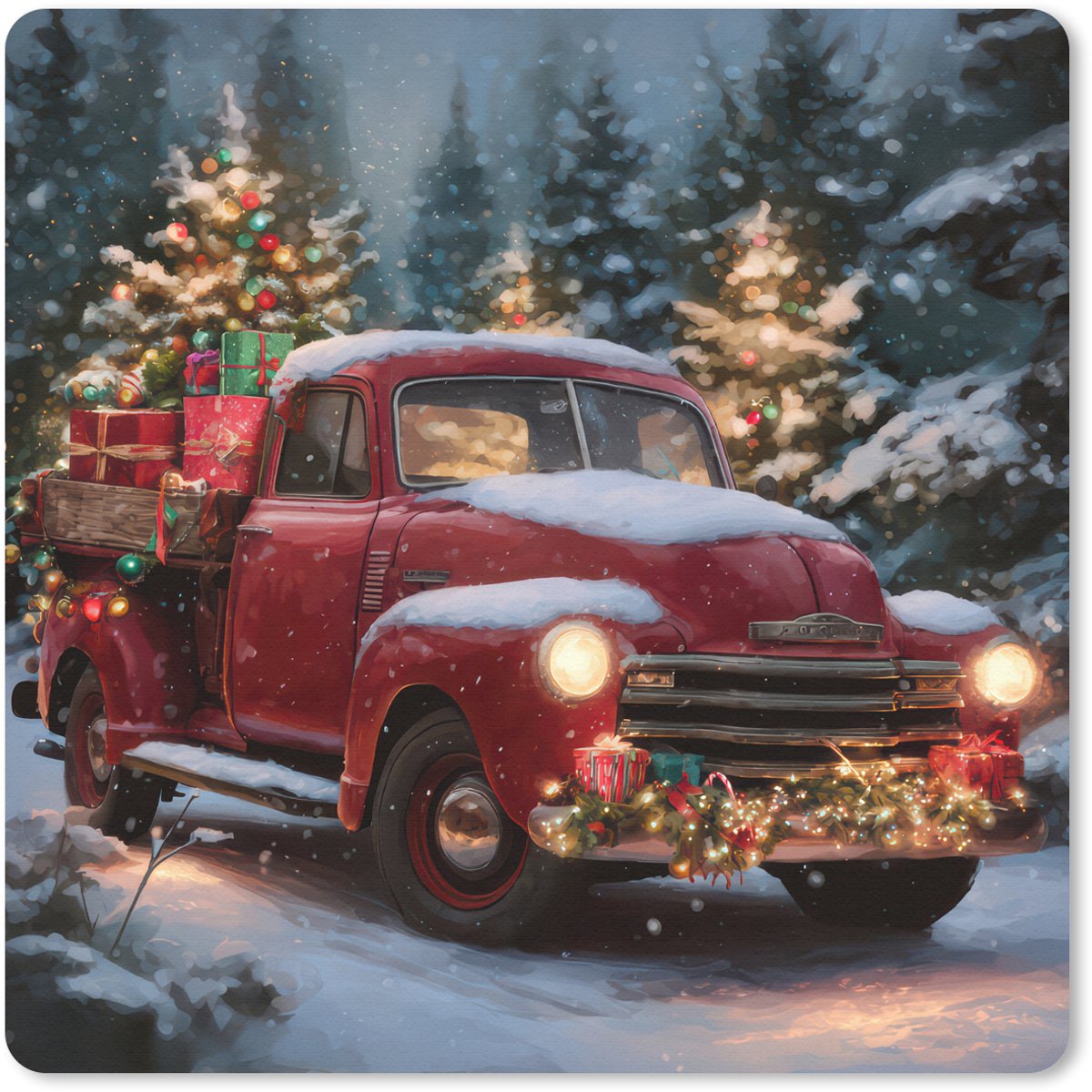 Muismat 30x30 cm - Mousepad Kersttruck - Sneeuwbos - Rood - Muismatten