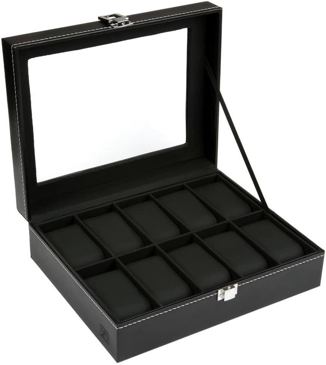 Horlogedoos met glazen deksel en fluwelen kleding | Zwarte kunstleren horlogehouder | Opslag voor 10 horloges