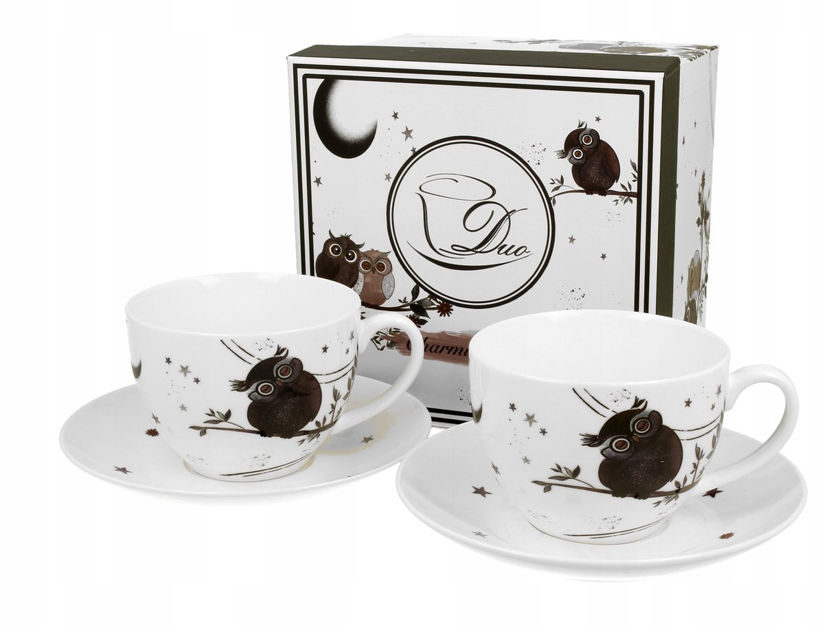2 Charmante Uil Mokken met Schotels - Porselein 280ml