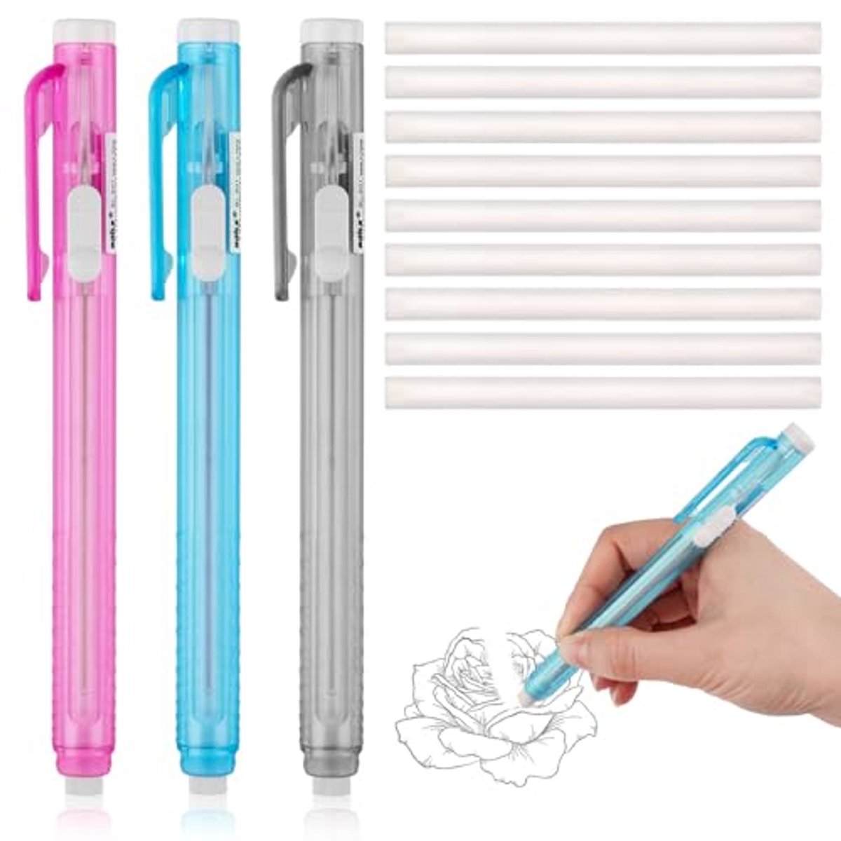 Gummetje in penstijl - 3 intrekbare gumstiften + 9 navulbare gummetjes voor precisie bij tekenen en leren