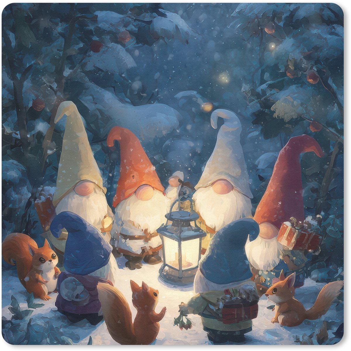 Muismat 20x20 cm - Mousepad Winter - Gnooms - Eekhoorns - Meerkleurig - Muismatten