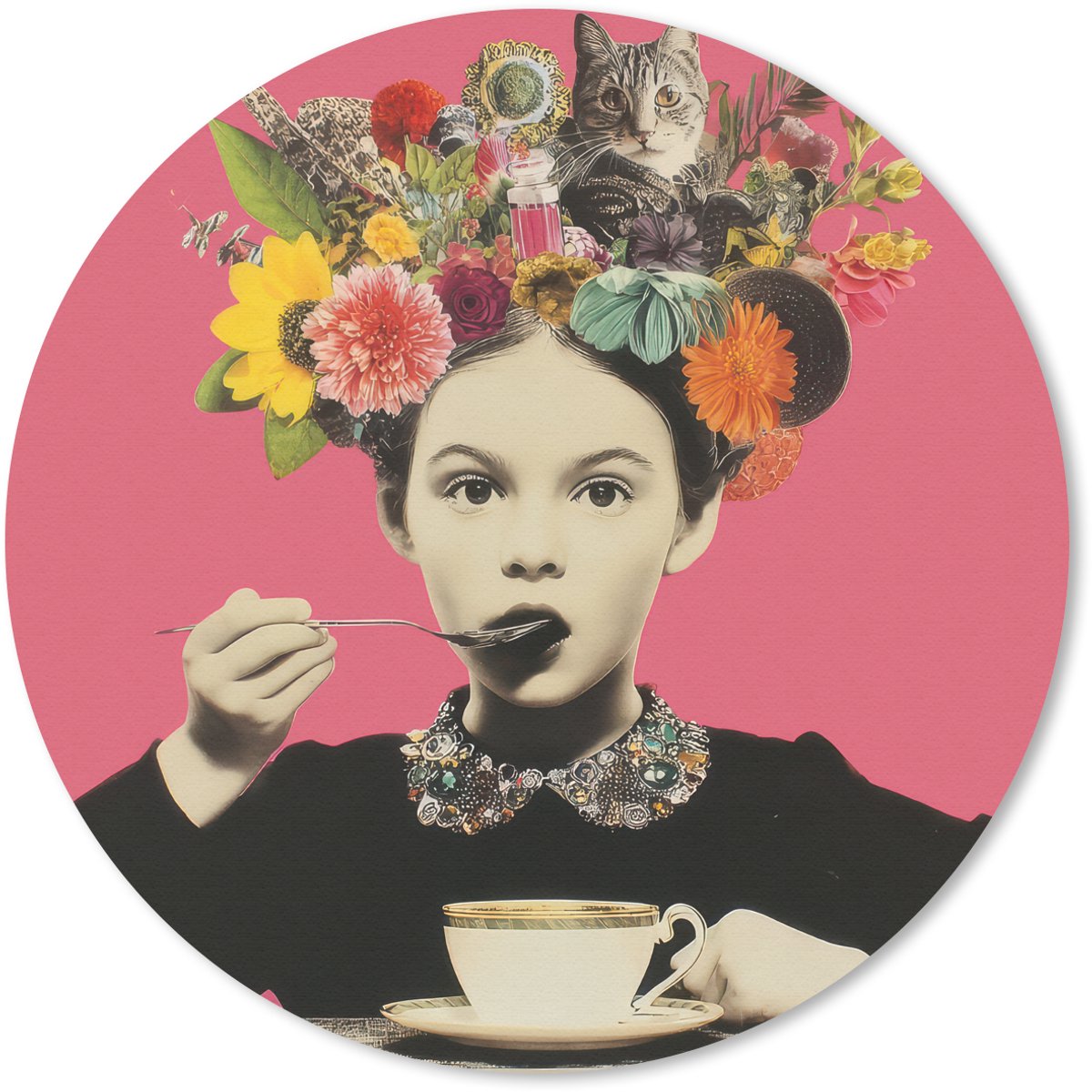 Muismat rond 40x40 cm - Mousepad Meisje - Kopje - Bloemen - Roze - Ronde muismatten
