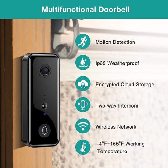 Provento - Draadloze deurbel met camera, 1080P WiFi videodeurtelefoon met nachtzicht, voetgangersdetectie, tweewegintercom en cloudopslag - IP65 waterdicht — afbeelding 4