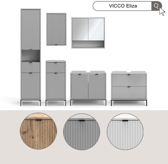 Overzicht van VICCO Eliza meubels in grijs en Viking eikenlook, met close-ups van de texturen.