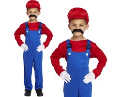 Loodgieter Mario Kostuum Kinderen - Shirt Jumpsuit En Hoed - Verkleedkleren Kinderen - Rood - Maat 140/152