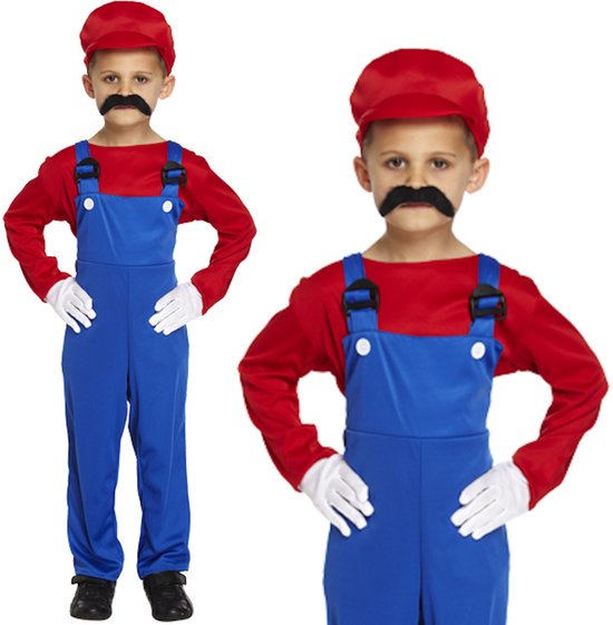 Costume de Plombier Mario Enfants - Combinaison Chemise et Chapeau - Habillage Enfants - Rouge - Taille 140/152