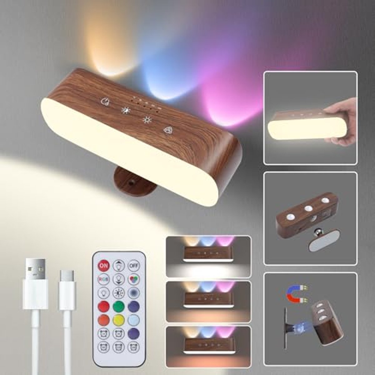 LED Wandlamp Voor Binnen - Dimbaar, Oplaadbaar, en RGB Kleuren