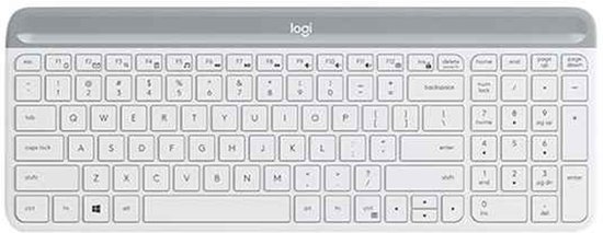Wit Logitech toetsenbord met grijze bovenrand, de toetsen zijn van dichtbij te zien.