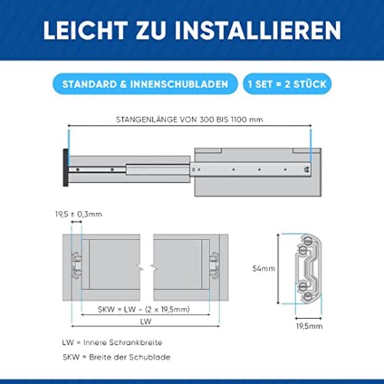 HLC Zachte zelfsluitende ladegeleiders kastlade schuift zwaar belastbaar 45 kg laadvermogen volledige verlenging met kogellagerglijbanen 450 mm, zijmontage 6 paar