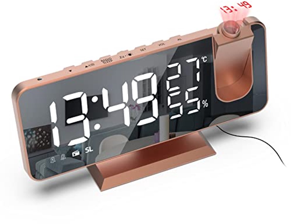 Digitale projectiewekker met FM-radio, 7 inch led-spiegelscherm en dubbel alarm