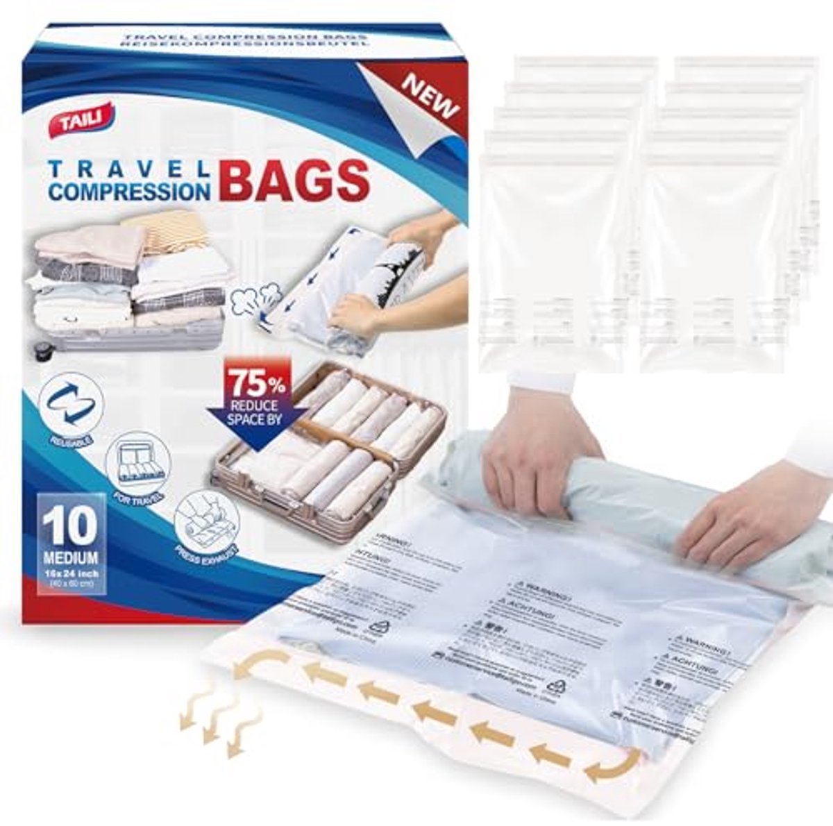 Vacuümzakken voor Kleding en Reizen - 10 Stuks 40 x 60 cm - Herbruikbare Opbergzakken