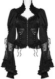 Zwarte blouse met kanten mouwen, hoge hals en korset-detail aan de voorkant.