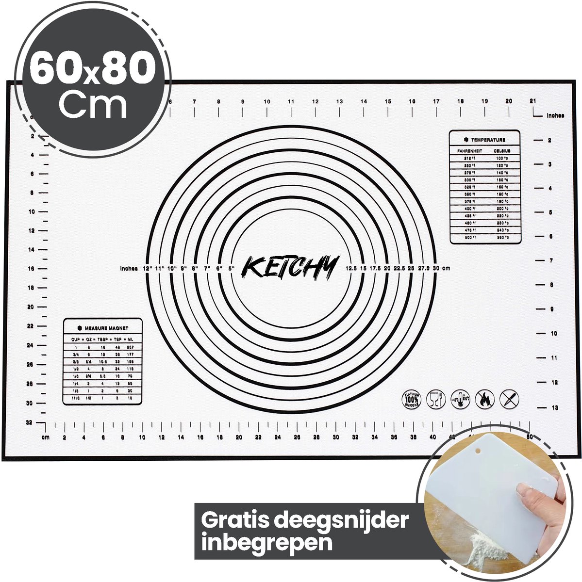 Ketchy Siliconen Deegmat 60x80 cm – Bakmat met Maataanduiding – Anti-aanbak & Antislip – Voor Deeg, Pizza, Brood & Gebak – BPA-vrij & Herbruikbaar