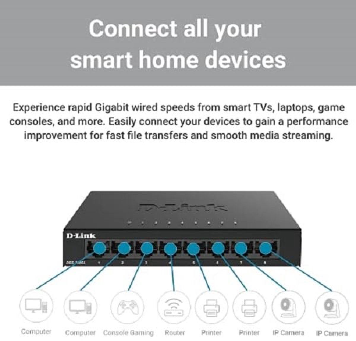 8-poorts Gigabit Onbeheerde Switch - Fanless, Compact en Energiezuinig - Plug & Play
